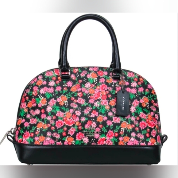Coach Pink and Black Floral Leather & Canvas Satchel & Bonus Cherry Charm - Picture 16 of 16